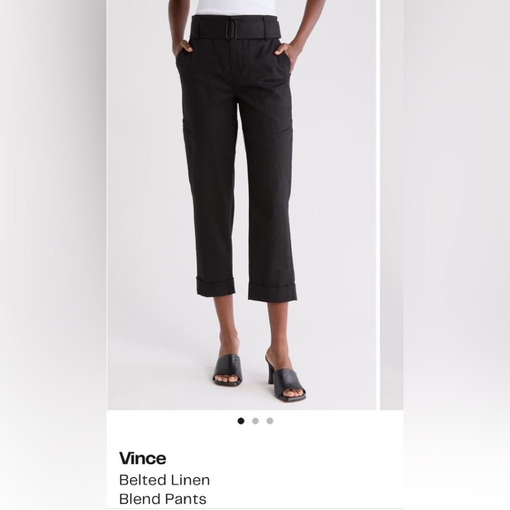 Vince Black Belted Cropped Linen-Blend Pants